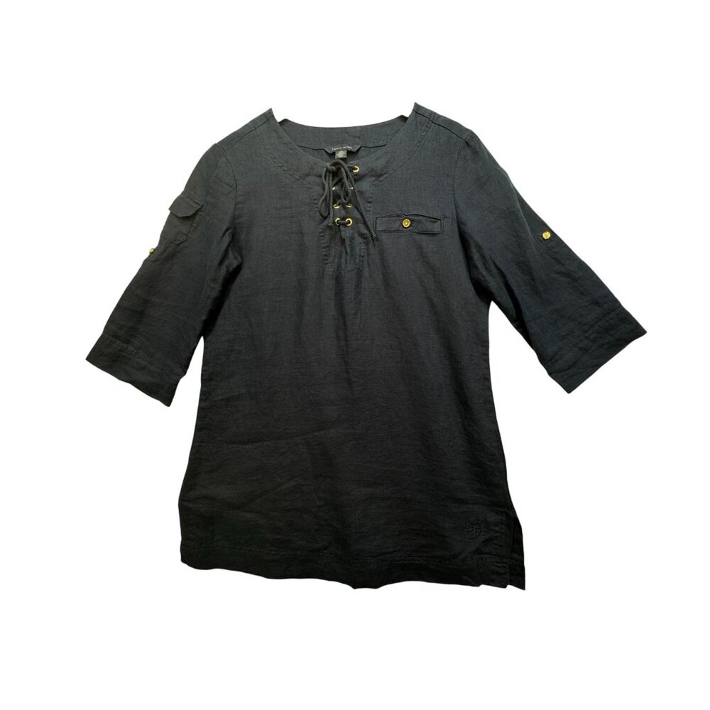 Tommy Hilfiger Womens Lace-Up Tunic Top Size S Navy Blue 3/4 Sleeves Pocket Chic